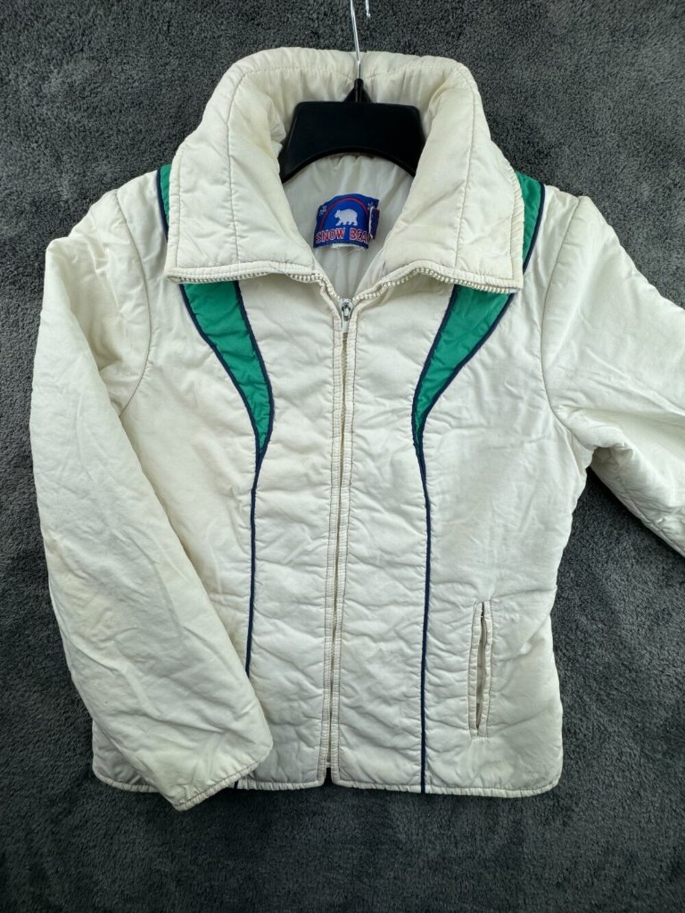 VTG Snow Bear Winter Jacket White Green USA Made ~medium Full Zip Up Insulated